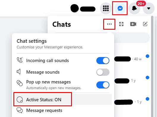 Ícono de Messenger - Ícono de tres puntos - Estado activo | Hora del evento de Facebook incorrecta