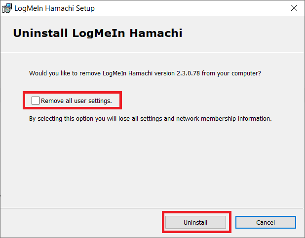 [すべてのユーザー設定を削除]を選択し、[アンインストール]をクリックします