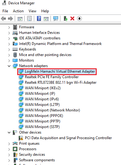 Localize e clique com o botão direito do mouse no adaptador ethernet virtual LogMeIn Hamachi. Corrigir erro de VPN Hamachi no Windows 10