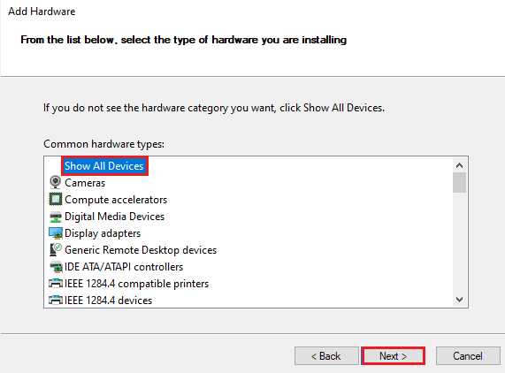 selectați Afișați toate dispozitivele și faceți clic pe Următorul
