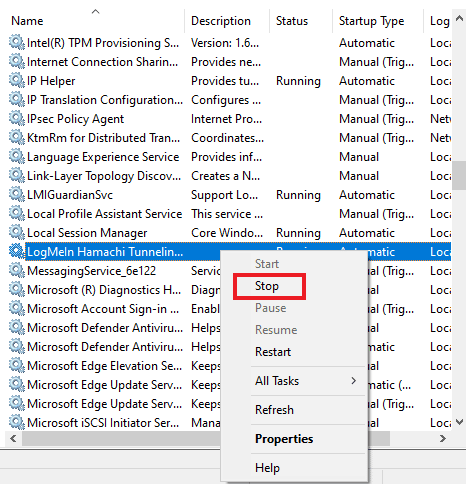 Stopp wählen. Beheben Sie den Hamachi-VPN-Fehler in Windows 10