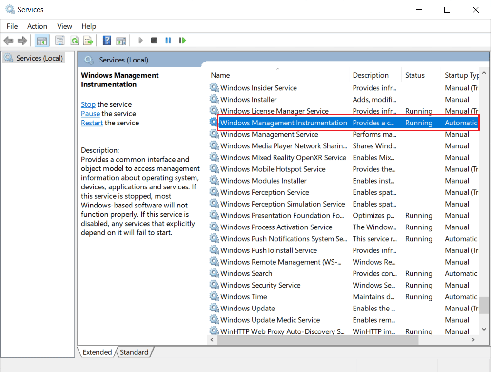 아래로 스크롤하여 Windows Management Instrumentation Service를 찾습니다.