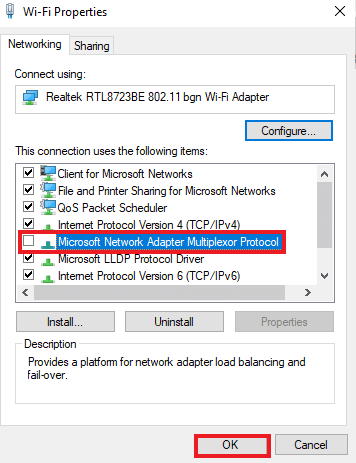 Hapus centang pada opsi Microsoft Network Adapter Multiplexor Protocol dan klik OK. Perbaiki Kesalahan Hamachi VPN di Windows 10