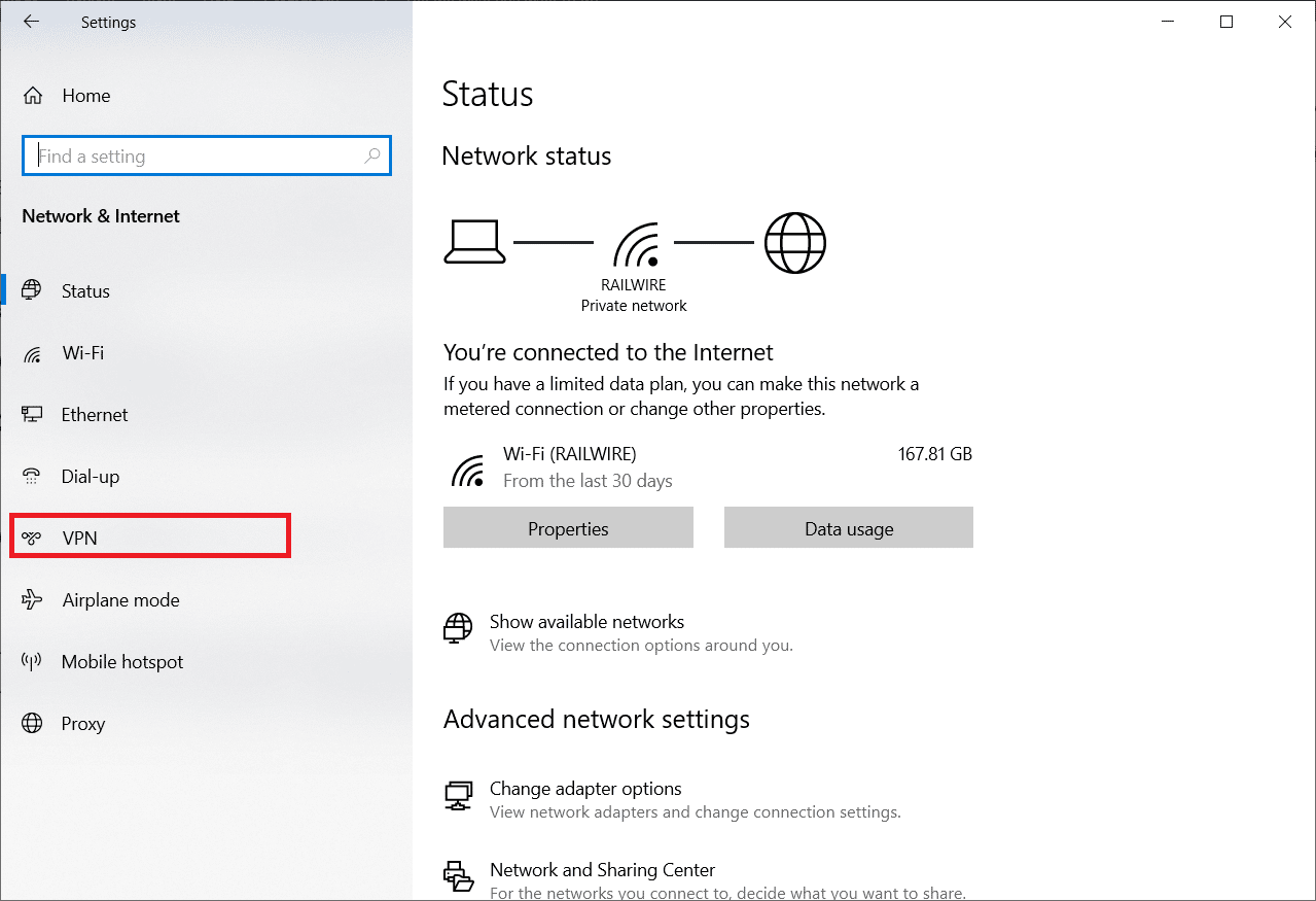 Klik VPN di panel kiri. Perbaiki Kesalahan Hamachi VPN di Windows 10