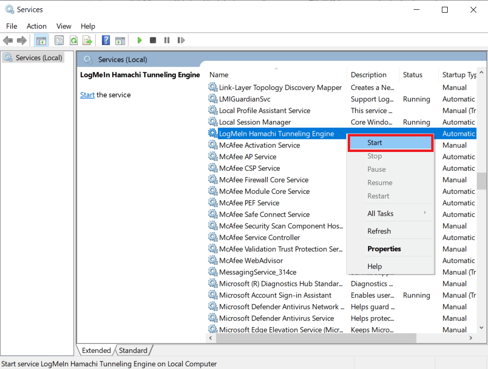 LogMeIn Hamachi Tunneling Engine을 마우스 오른쪽 버튼으로 클릭하고 시작을 선택합니다.