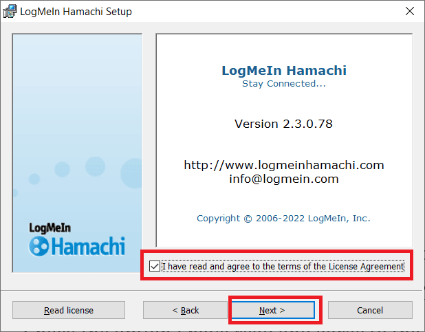 使用許諾契約の条項を読んで同意するオプションを確認し、[次へ]をクリックします