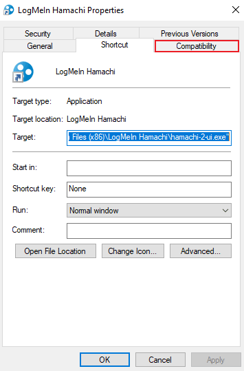 Navigați la fila Compatibilitate din ea. Remediați eroarea Hamachi VPN în Windows 10