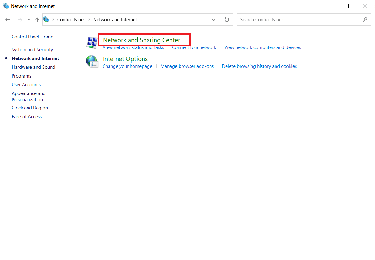 Cliquez sur Centre réseau et partage. Correction de l'erreur VPN Hamachi dans Windows 10