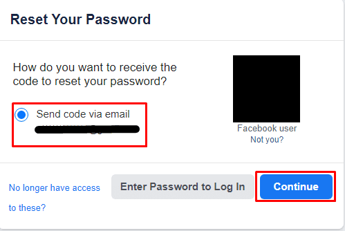 Elija un método para recibir el código para restablecer la contraseña y haga clic en Continuar