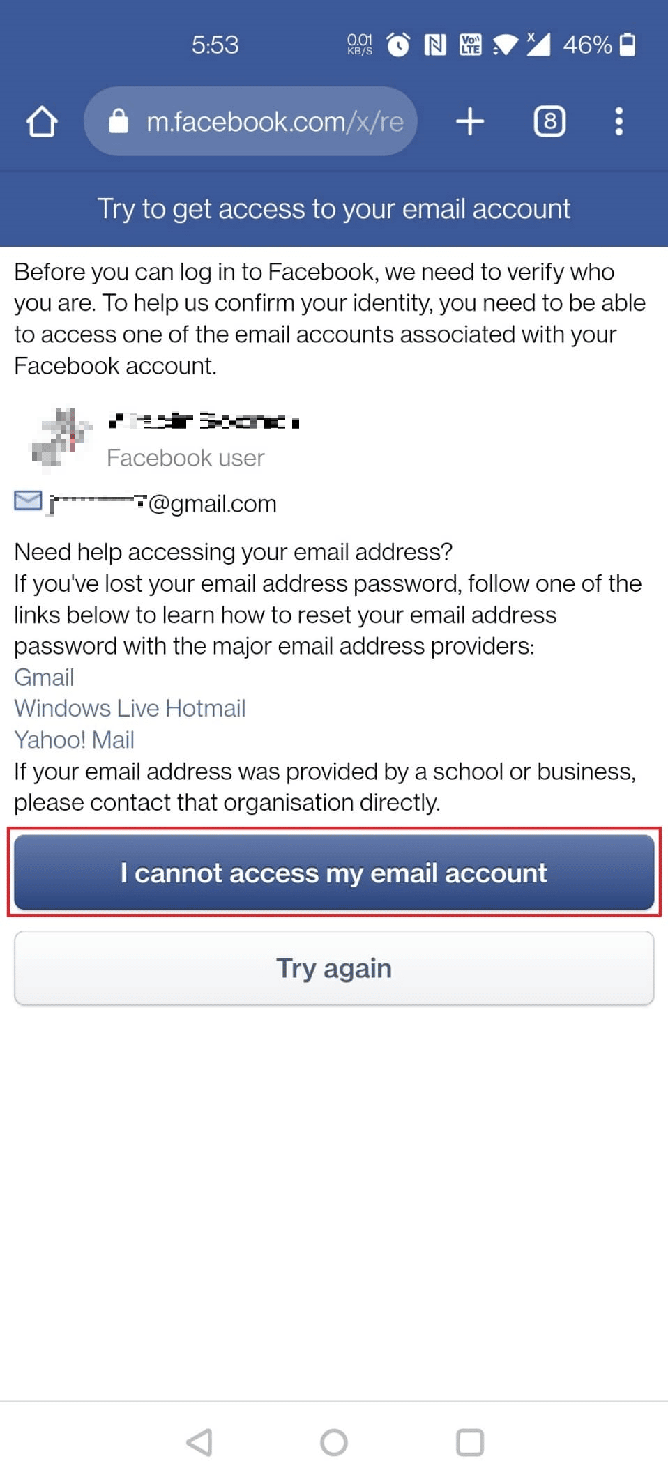 Tocca l'opzione Non riesco ad accedere al mio account e-mail