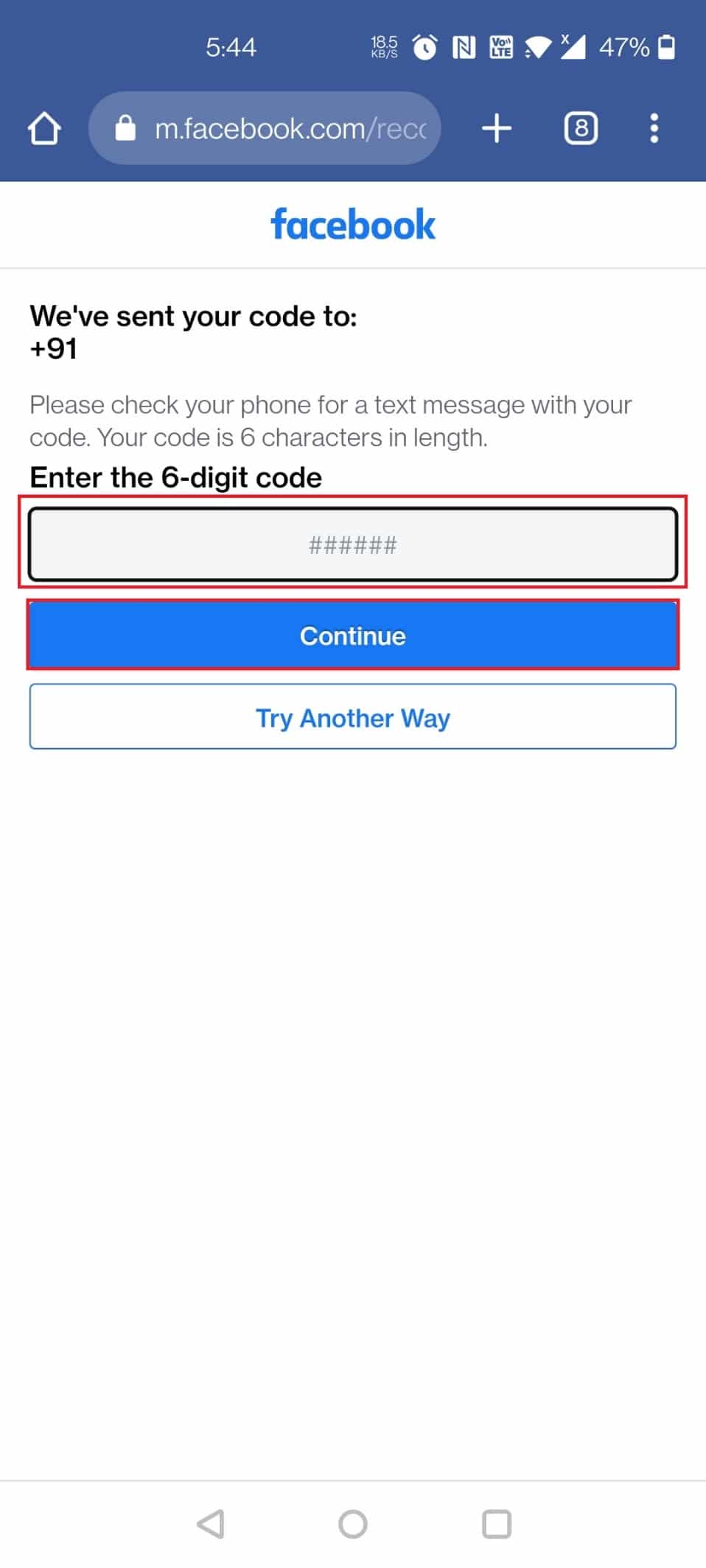 Digite o código de 6 dígitos enviado por mensagem no seu telefone e toque em Continuar