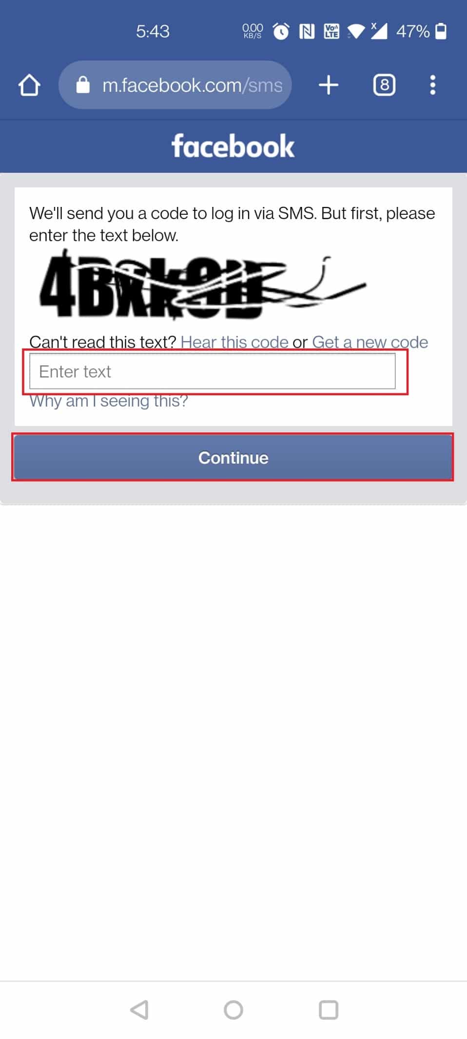 Introduceți textul captcha și apăsați pe Continuare | Îmi vreau vechiul cont de Facebook înapoi