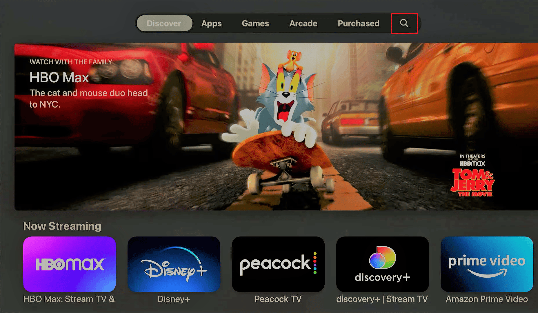 seleziona l'icona di ricerca nell'app store di apple tv