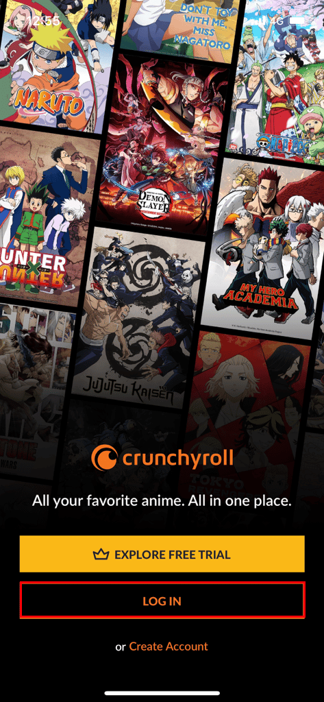 toque em LOG IN no aplicativo para iPhone Crunchyroll iOS