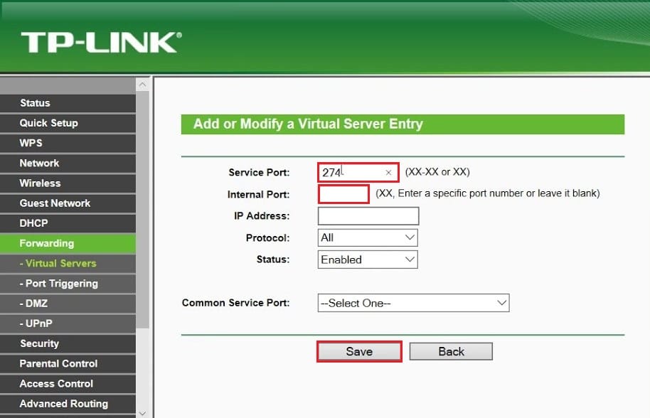 空のテキストフィールドにデフォルトのポート番号を入力し、[保存]をクリックします