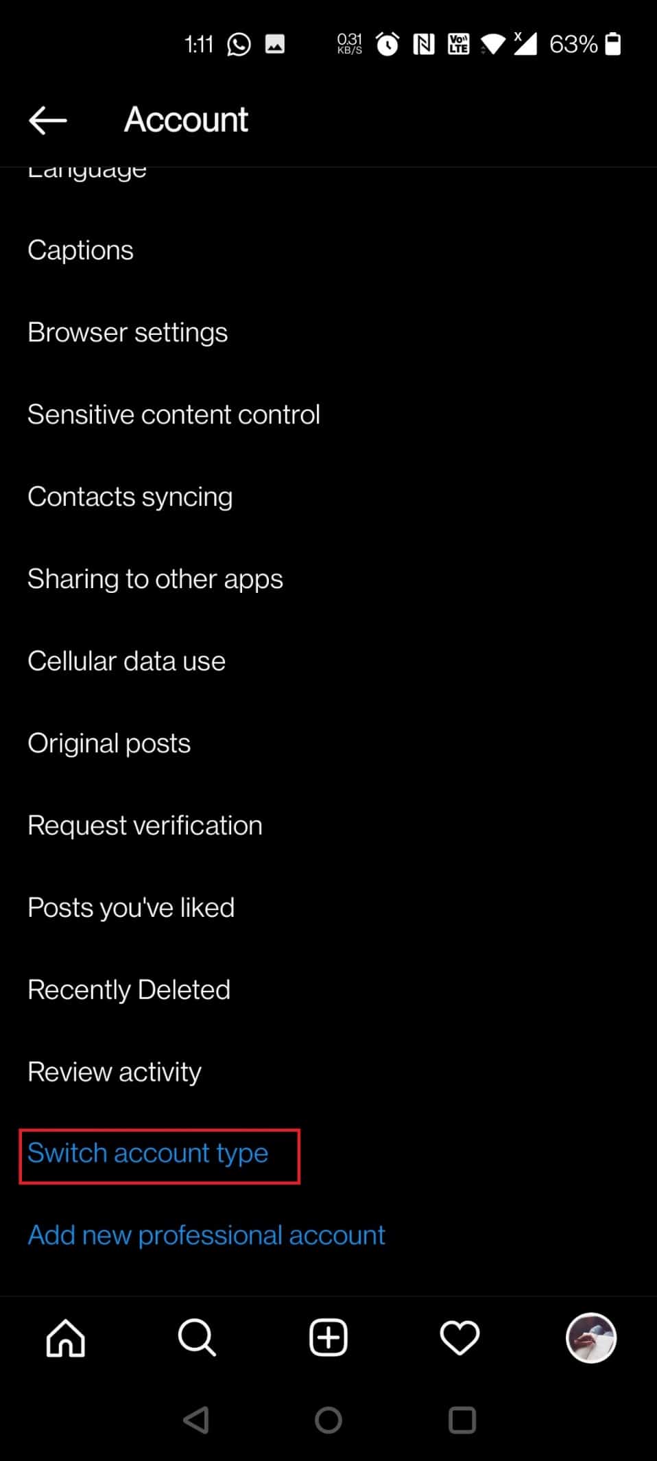 Tippen Sie auf die Option Kontotyp wechseln | So sehen Sie, wer Ihren Instagram-Beitrag geteilt hat