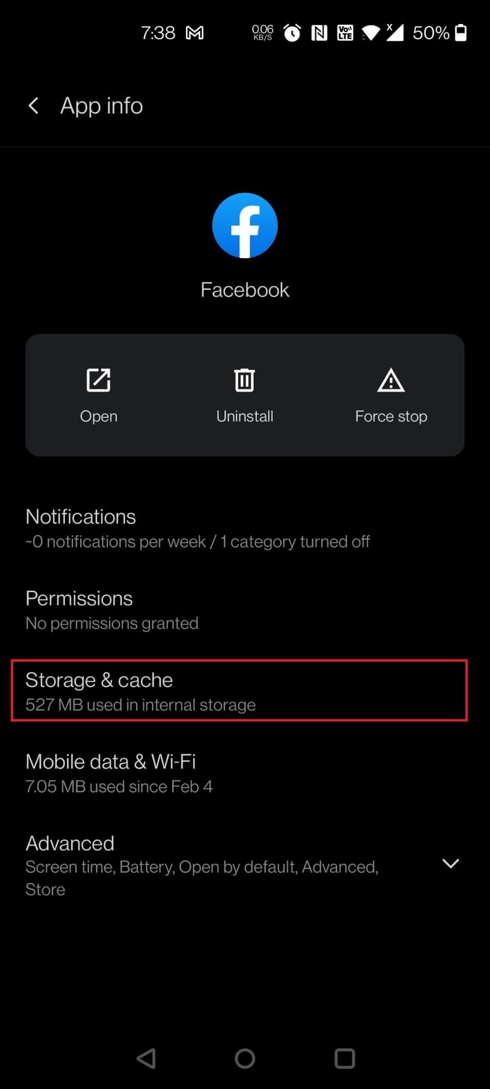 Appuyez sur Stockage et cache