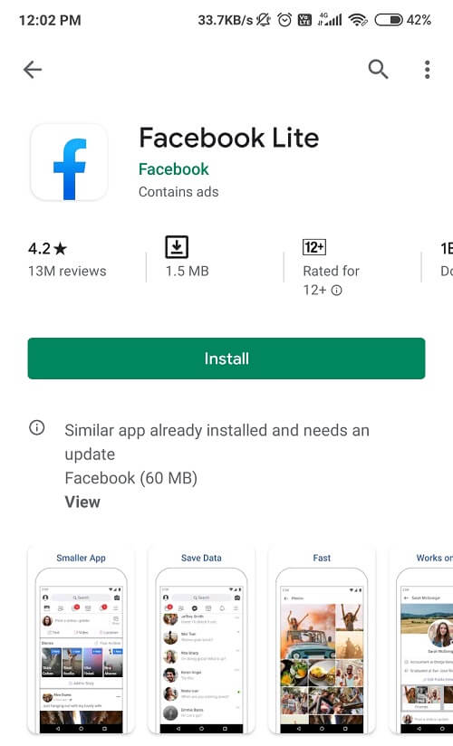 Installa l'ultima versione dell'app Facebook Lite