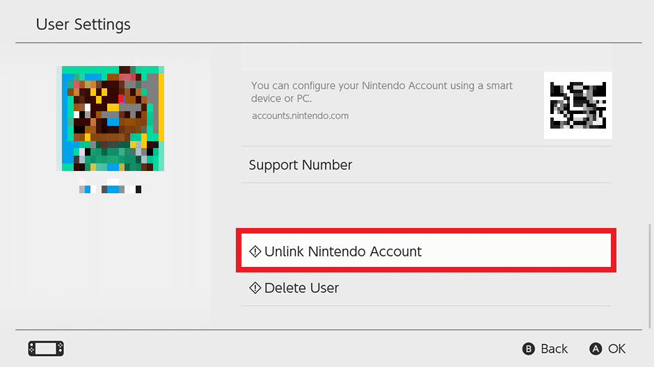 sélectionnez le compte Nintendo souhaité et cliquez sur l'option Dissocier le compte Nintendo