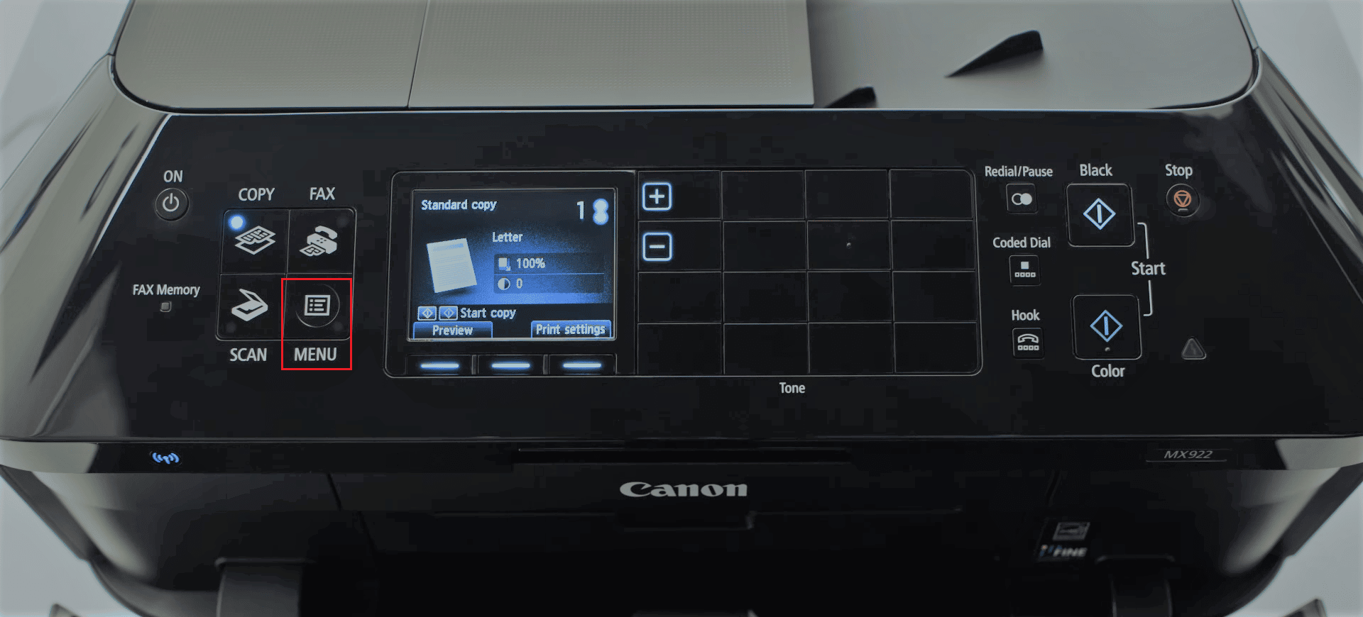 tekan tombol menu di printer Canon