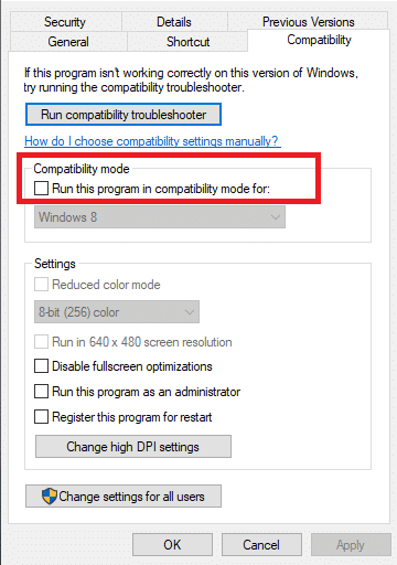 Desmarque la casilla junto a Ejecutar este programa en modo de compatibilidad para y haga clic en Aplicar. Arreglar Outlook atascado al cargar el perfil en Windows 10