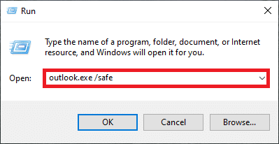 键入 Outlook.exe 或安全并按 Enter 启动 Outlook。修复 Outlook 卡在 Windows 10 上加载配置文件