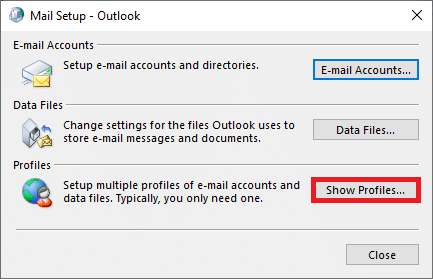 单击显示配置文件...按钮。修复 Outlook 卡在 Windows 10 上加载配置文件