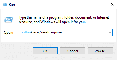 Digite outlook.exe resetnavpane e pressione a tecla Enter para executar o comando Executar. Corrigir o Outlook preso ao carregar o perfil no Windows 10