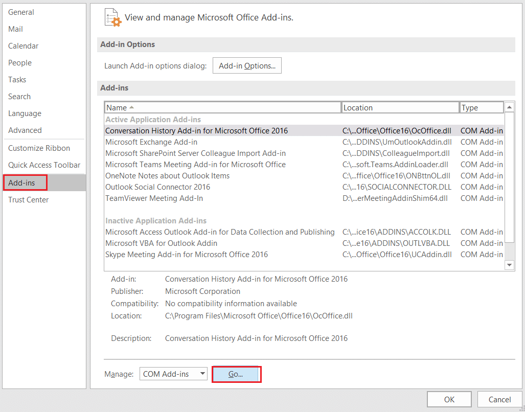 [アドイン]メニューオプションを選択し、Outlookオプションの[移動]ボタンをクリックします