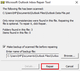 reparar la herramienta de reparación de la bandeja de entrada de Microsoft Outlook