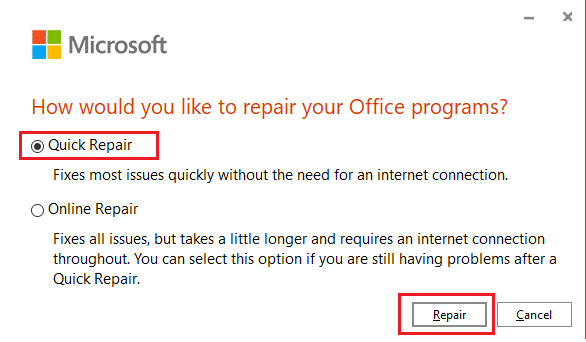 Scegli Riparazione rapida e fai clic sul pulsante Ripara per continuare. Risolto il problema con Outlook bloccato durante il caricamento del profilo su Windows 10