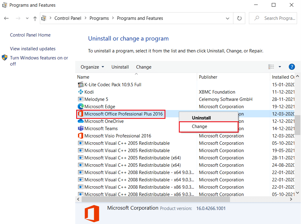 fare clic con il pulsante destro del mouse su Microsoft Office e selezionare l'opzione Modifica in Programmi e funzionalità