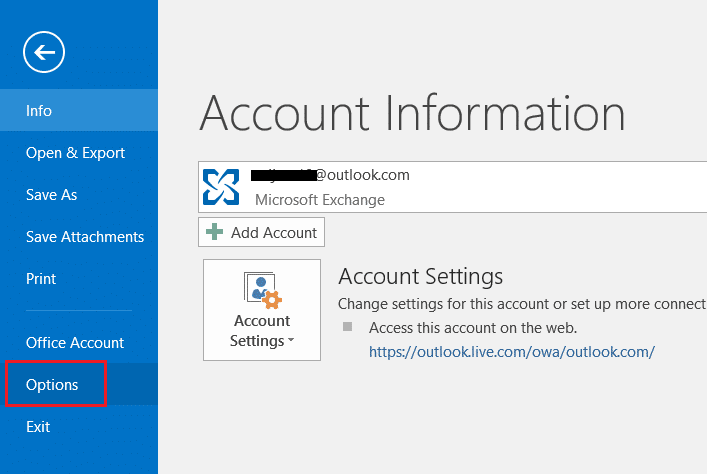 selectați sau faceți clic pe opțiuni din meniul Fișier din Outlook