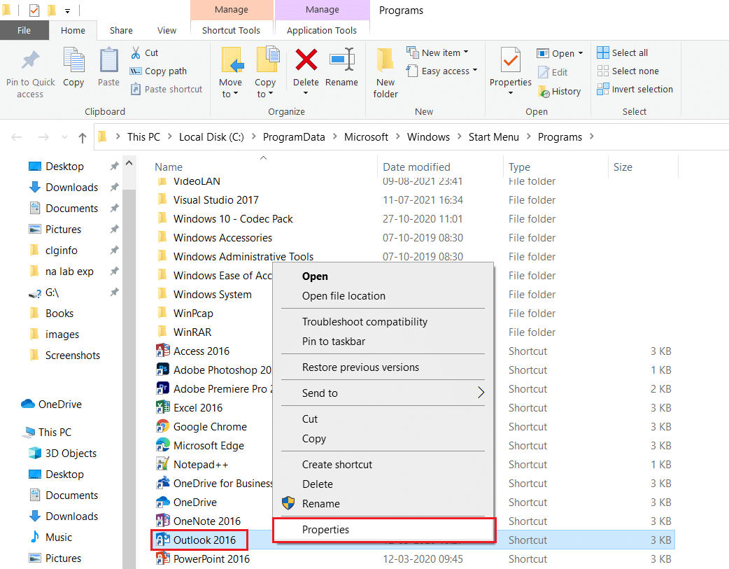 faceți clic dreapta pe aplicația Outlook și selectați Proprietăți