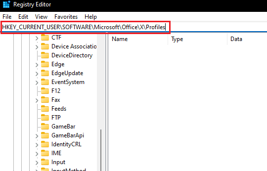 vaya a la ubicación de la carpeta clave de perfiles de Office en el Editor del Registro