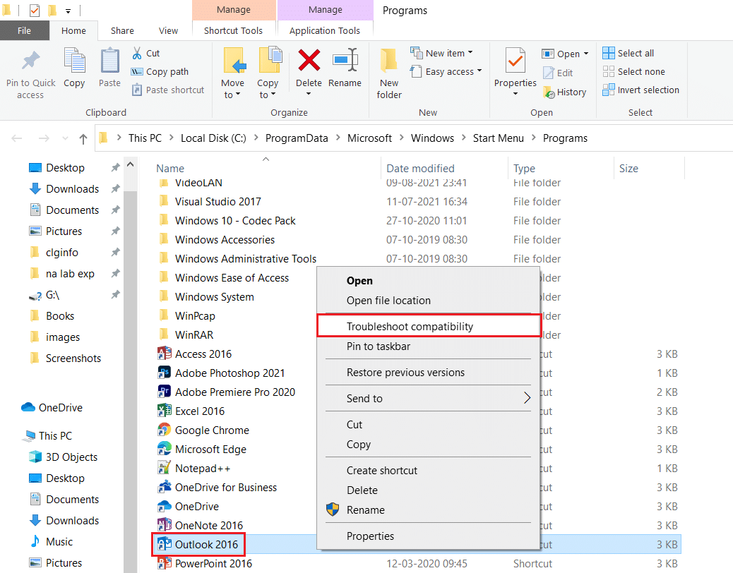 haga clic derecho en Outlook y seleccione Solucionar problemas de compatibilidad