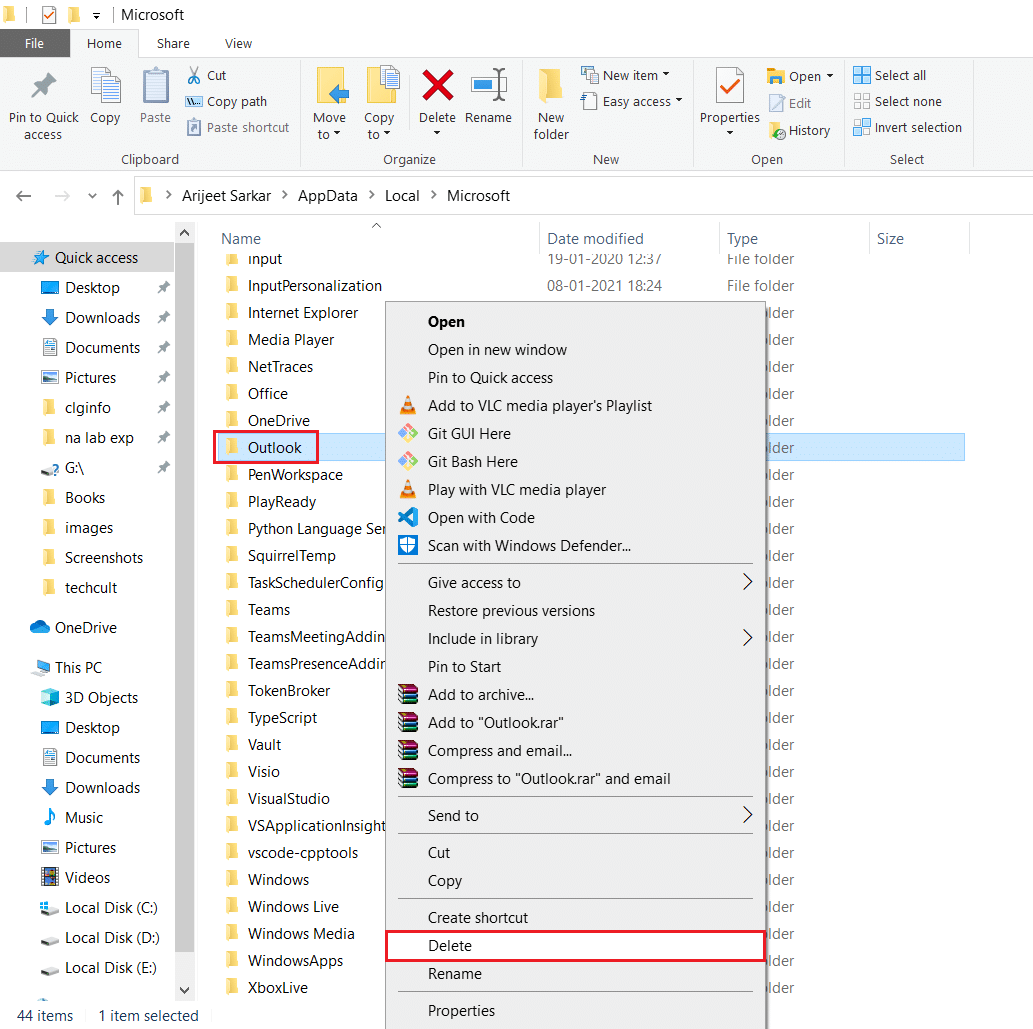 转到 Microsoft localappdata 文件夹并删除 Outlook 文件夹