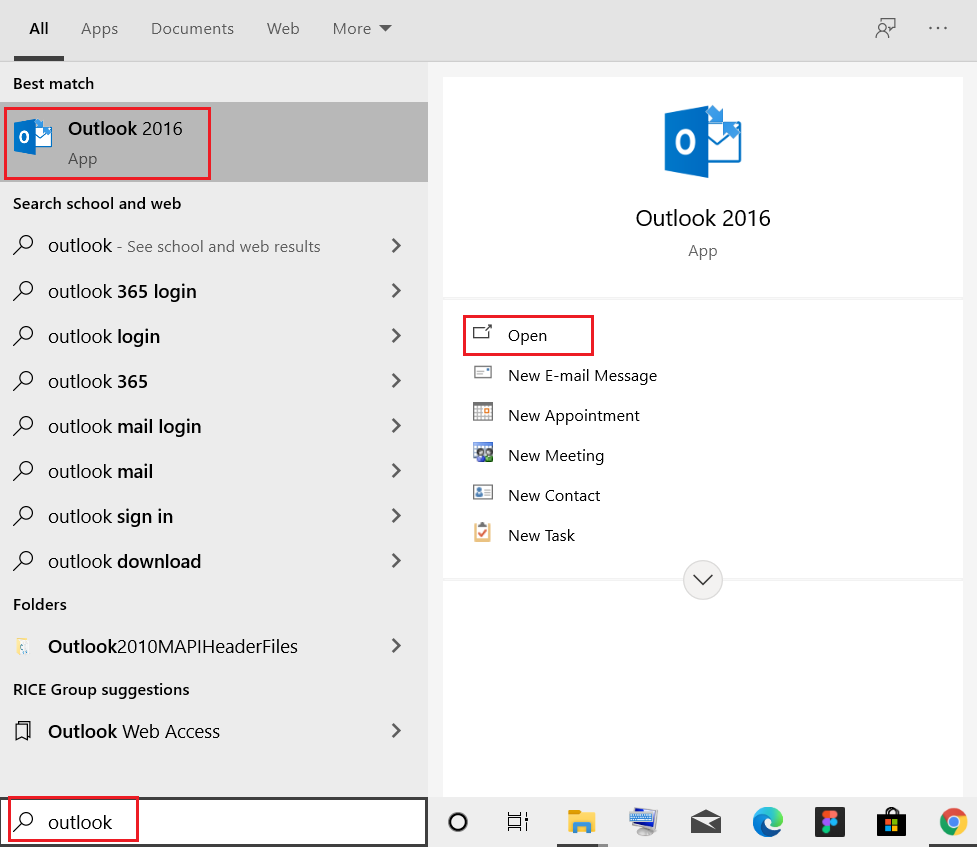 ค้นหา outlook ในแถบค้นหาของ windows และคลิกที่ open