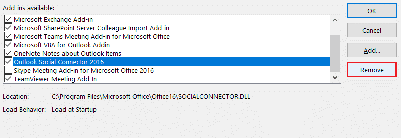 seleccione Eliminar en complementos COM para eliminar complementos en las opciones de Outlook. Arreglar Outlook atascado al cargar el perfil en Windows 10