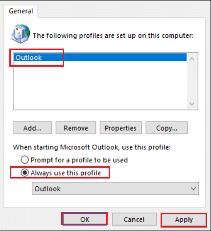 clique em sua nova conta e selecione sempre usar esta opção de perfil. Corrigir o Outlook preso ao carregar o perfil no Windows 10