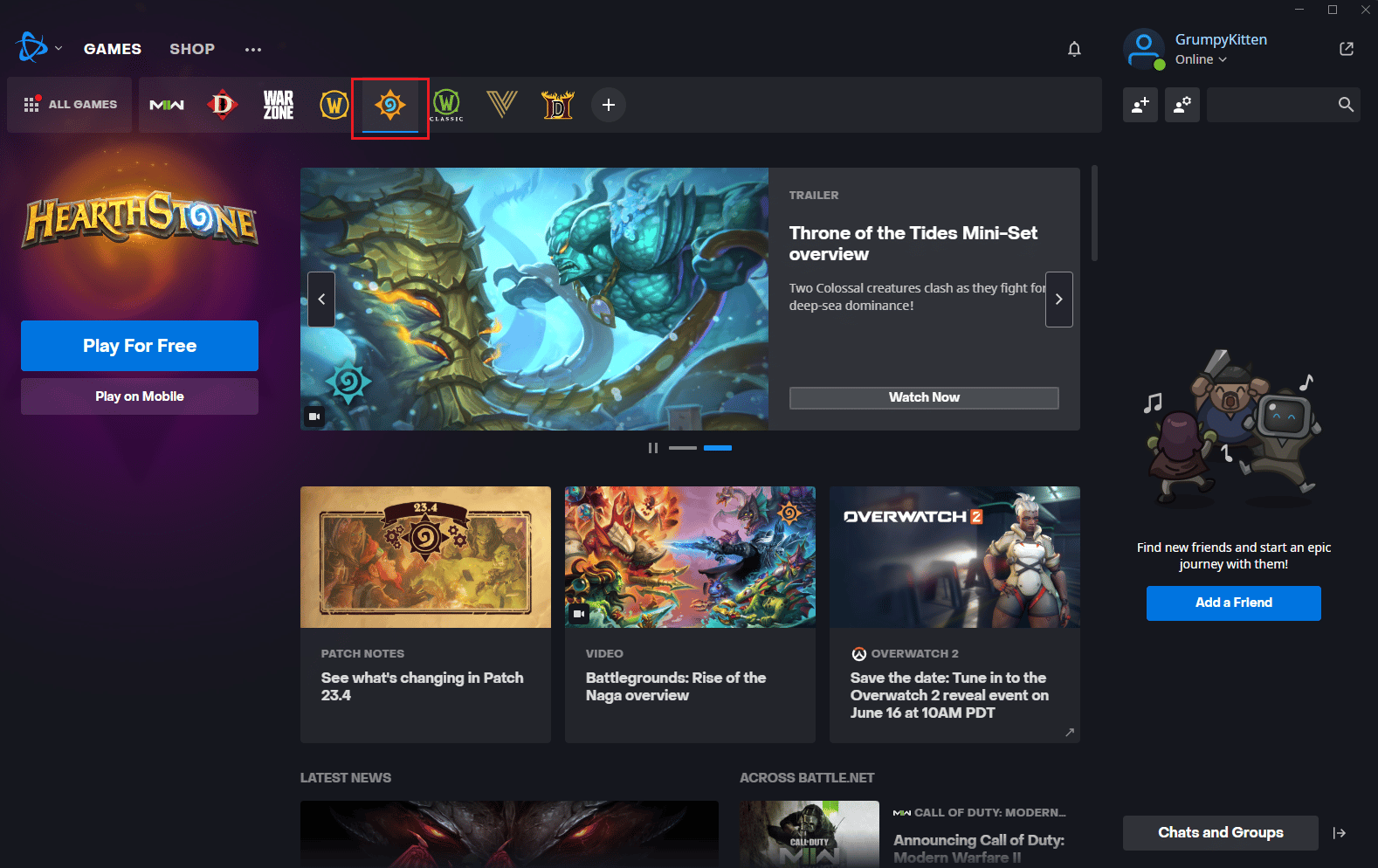 sélectionnez hearthstone dans l'application battle.net