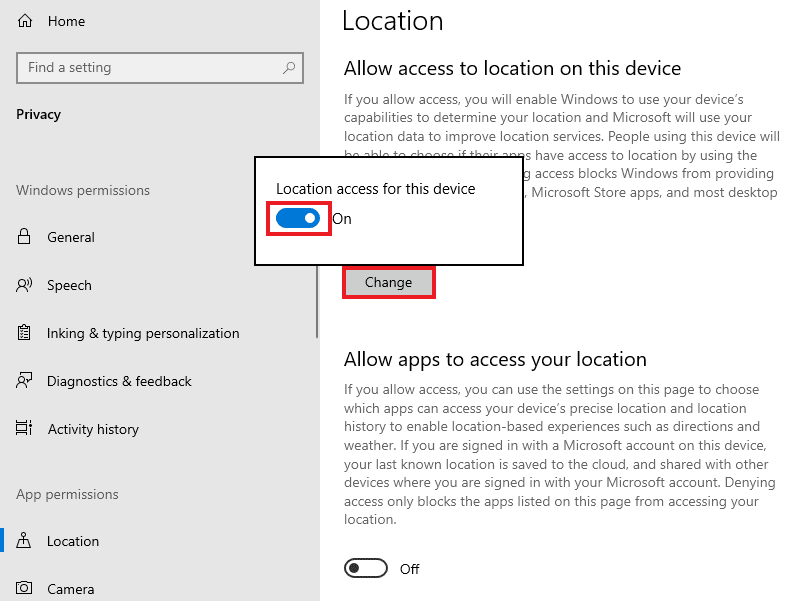 이 장치에 대한 위치 액세스를 끕니다. Windows 10에서 하스스톤 지연 현상 수정