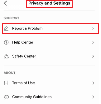 Apăsați pe Confidențialitate și setări și opțiunea Raportați o problemă sub SUPORT