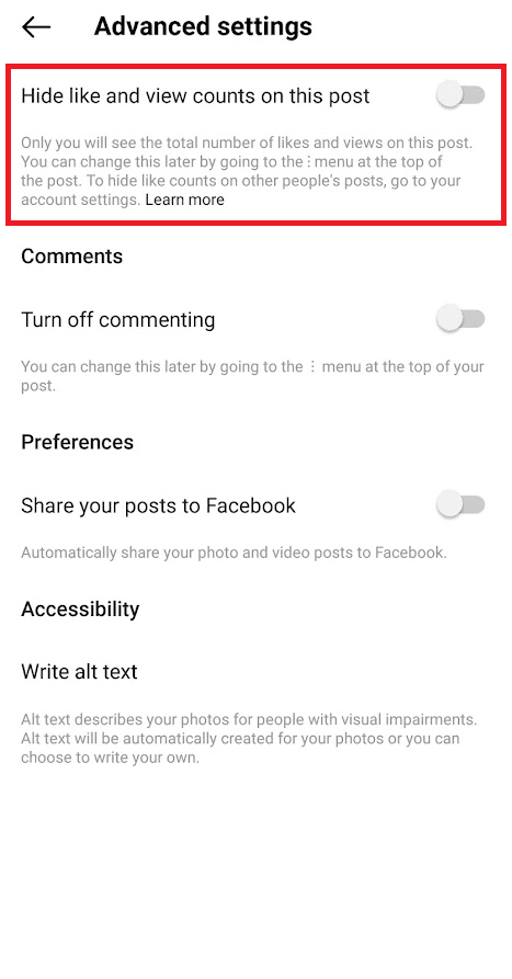 impostazioni avanzate su Instagram per nascondere i Mi piace