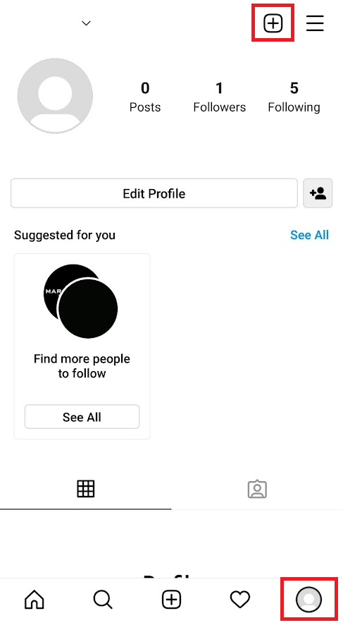 Abra o aplicativo Instagram e mude para a seção Perfil. Toque no ícone + no canto superior direito