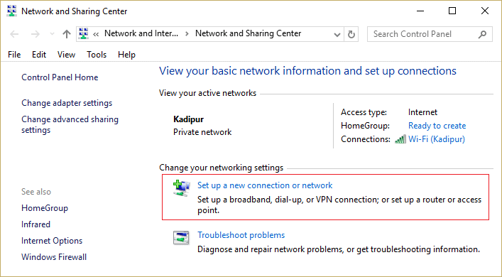 fare clic su imposta una nuova connessione o rete. Correggi PSK errato fornito per SSID di rete su Windows 10