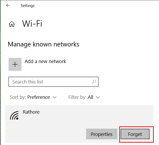 点击忘记。修复在 Windows 10 上为网络 SSID 提供的不正确 PSK