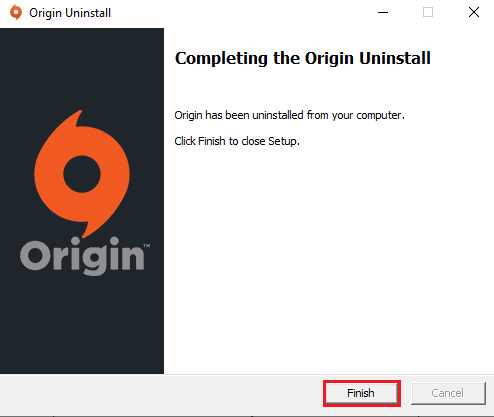 Fare clic sul pulsante Fine nella finestra Completamento della disinstallazione di Origin