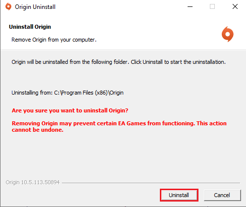 انقر فوق الزر Uninstall (إلغاء التثبيت) في نافذة Uninstall Origin