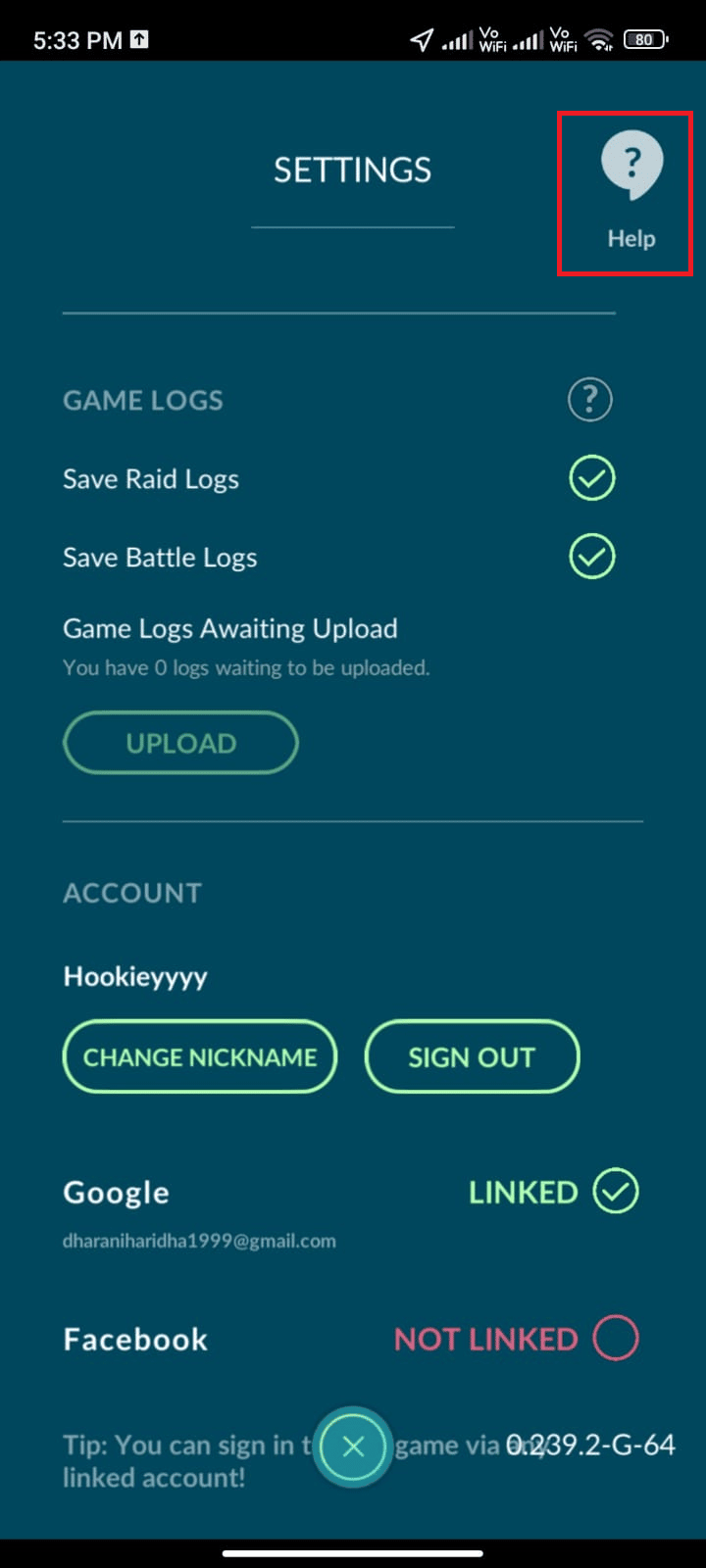 จากนั้นแตะที่ไอคอนช่วยเหลือ แก้ไขการซิงค์การผจญภัยของ Pokemon Go ไม่ทำงาน